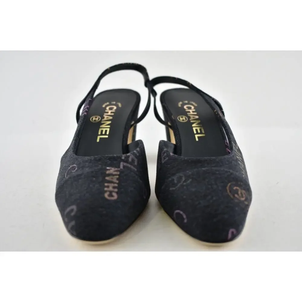 Chanel 22P Mademoiselle Coco Sling Black Grey Denim Slingback Sandal Heel 37.5 - Picture 6 of 12
